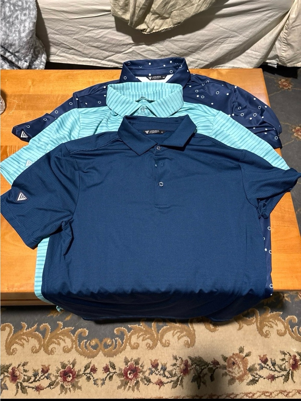 3 Levelwear Men's Performance Polo - Navy 2 medium and 1 small
